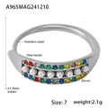 Silver stainless steel ring with colorful zircons and white beads, size 7, weight 2.1g - Steel Mixed Color Zircon Ring