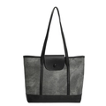 Bolso tote vintage de lona gris y cuero negro con un botón minimalista elegante - Negro