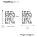 Letter R stud earrings in stainless steel with zircon stones and silver finish - Letter R Earrings (RF001) / Steel