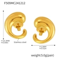 Vista macro de pendientes de gota en acero chapado en oro de 18K con medidas exactas - Estilo en Forma de Coma (F509) / Dorado