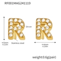 Golden stainless steel letter R stud earrings with pave zircon stones 5mm size - Gold Letter R Earrings (RF001)