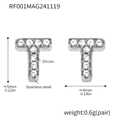 Silver stainless steel T-letter stud earrings set with zircon stones on white background - Letter T Earrings (RF001) / Steel
