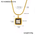Macro shot of gold stainless steel necklace with black shell square pendant and dimensions - Gold Black Shell