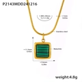 Detail view of square malachite pendant necklace with stainless steel dimensions - Gold Malachite