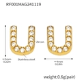 U-shaped gold letter earrings in stainless steel with sparkling zircon stones - Gold Letter U Earrings (RF001)