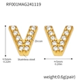 Golden V-shaped zircon-inlaid stainless steel stud earrings with dimensions - Gold Letter V Earrings (RF001)