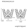 Letter W zircon stud earrings in stainless steel with dimension markings and pair weight - Letter W Earrings (RF001) / Steel
