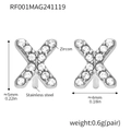 Silver X-shaped stud earrings in stainless steel with zircon stones and measurements - Letter X Earrings (RF001) / Steel