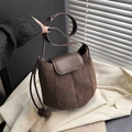 Retro dark brown frosted suede shoulder bucket bag with stylish circular pendant ornament - Brown