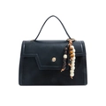 Trendy black faux leather handbag featuring a decorative wooden bead charm for SKU - With Pendant / Black