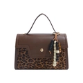Brown leopard print handbag with a wide top handle and decorative wooden beads - With Pendant / Leopard Print