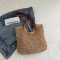 Stroh-Stofftasche in Naturbraun mit Lederriemen und hohlem Strickdesign für Damen - Khaki