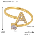 Gold-plated stainless steel letter A open ring with zircon inlay and large round stone - Size 7 (One Size) / Letter A Style (RA001) / Gold