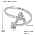Silver-tone stainless steel open ring with pavé letter A and round cubic zirconia - Letter A Ring (RA001-Size 7) / Steel