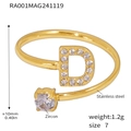 Golden stainless steel open ring with letter D motif and pavé-set zircon stones - Size 7 (One Size) / Letter D Style (RA001) / Gold