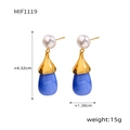 Blue marble resin teardrop earrings with white pearl detail and gold accents - Gold Blue