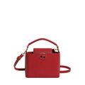 Classic red square bucket bag in textured leather with golden circular metal buckle - Red
