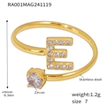 PVD gold plated stainless steel open ring with zircon letter E and round crystal accent - Size 7 (One Size) / Letter E Style (RA001) / Gold