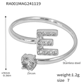 Silver stainless steel open ring with zircon letter E charm and size measurement guide - Letter E Ring (RA001) / Steel