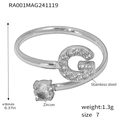 Letter G stainless steel open ring with pave set cubic zirconia stones in silver finish - Letter G Ring (RA001) / Steel