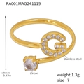 Gold plated stainless steel open ring featuring a zircon encrusted letter G and round stone - Size 7 (One Size) / Letter G Style (RA001) / Gold