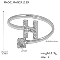 Silver stainless steel open ring with pavé H letter and round zircon accent - Letter H Ring (RA001) / Steel