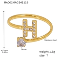 18K gold plated stainless steel open ring with zircon paved letter H and round crystal - Size 7 (One Size) / Letter H Style (RA001) / Gold