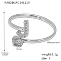 Silver stainless steel open ring featuring a zircon-encrusted letter J design - Letter J Ring (RA001) / Steel