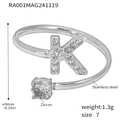 Silver stainless steel open ring with letter K design and sparkling zircon stone - Letter K Ring (RA001) / Steel