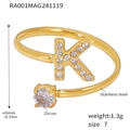Gold plated stainless steel open ring featuring a zircon-encrusted letter K and a round stone - Size 7 (One Size) / Letter K Style (RA001) / Gold