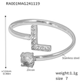 Silver stainless steel open ring featuring zircon letter L and round crystal stone - Letter L Ring (RA001) / Steel