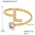 Golden stainless steel open ring with letter L and sparkling cubic zirconia stones - Gold Letter L Ring (RA001)
