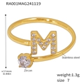 Gold plated stainless steel letter M ring with pavé zircon setting, US size 7, 1.3g weight - Gold Letter M Ring (RA001)