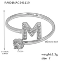 Silver stainless steel open ring featuring a zircon-studded letter M and round crystal - Letter M Ring (RA001) / Steel