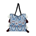 Sac cabas bohème bleu et blanc en toile avec franges rouges et anses en corde - Bleu