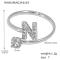 Silver stainless steel open ring featuring a zircon and letter N with pavé crystals - Letter N Ring (RA001) / Steel
