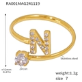 Gold plated stainless steel open ring with zircon letter N and 1.2g lightweight design - Gold Letter N Ring (RA001)