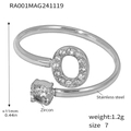 Silver stainless steel open ring featuring a zircon-inlaid letter O and round stone - Letter O Ring (RA001) / Steel