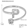 Silver stainless steel open ring with zircon letter P and accent stone in size 7 - Letter P Ring (RA001) / Steel