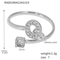 Silver stainless steel open ring featuring a zircon-paved letter Q and single round diamond - Letter Q Ring (RA001) / Steel