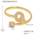 Gold plated stainless steel open ring featuring a zircon stone and pavé letter Q design - Gold Letter Q Ring (RA001)