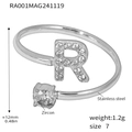 Silver stainless steel open ring featuring a zircon-studded letter R and single stone - Letter R Ring (RA001) / Steel
