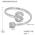 Silver stainless steel open ring with zircon letter S design and single clear stone - Letter S Ring (RA001) / Steel