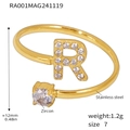 Golden titanium steel open ring with letter R design and sparkling zircon stone - Gold Letter R Ring (RA001)