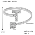 Silver stainless steel open ring with T-letter motif and sparkling zircon stones - Letter T Ring (RA001) / Steel