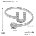 Silver stainless steel letter U ring with zircon insets, size 7, weighing 1.2g - Letter U Ring (RA001) / Steel