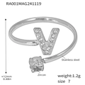 Letter V stainless steel ring with zircons in silver finish for women size 7 - Letter V Ring (RA001) / Steel