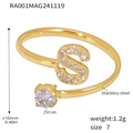 Zircon-studded letter S open ring in gold stainless steel finish for women - Gold Letter S Ring (RA001)