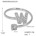 Silver stainless steel letter W open ring with micro-pave zircons, US size 7 - Letter W Ring (RA001) / Steel