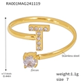 Golden stainless steel open ring with zircon letter T and round gemstone charm - Gold Letter T Ring (RA001)
